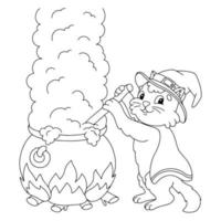 The cat is brewing a potion in a large cauldron. Coloring book page for kids. Cartoon style character. Vector illustration isolated on white background.