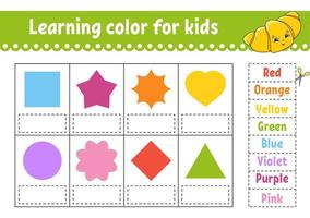 Learning color for kids. Education developing worksheet. Activity page with color pictures. Riddle for children. Funny character. cartoon style. Vector illustration.