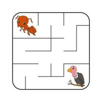 Simple square maze for toddlers. With cute cartoon characters. Isolated on white background. Vector illustration.