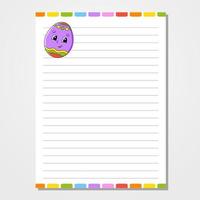 Sheet template for notebook, notepad, diary. Lined paper. Cute character. Easter theme. Isolated vector illustration. cartoon style.