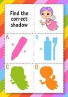 Find the correct shadow. Education developing worksheet for kids. Puzzle game. Activity page. cartoon character. Vector illustration.