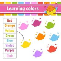 aprendiendo colores. hoja de trabajo de desarrollo educativo. página de actividades con imágenes. juego para niños. personaje divertido estilo de dibujos animados ilustración vectorial vector