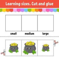 Learning sizes. Cut and glue. Easy level. Color activity worksheet. Game for children. Cartoon character. Vector illustration.