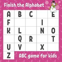 Finish the alphabet. ABC game for kids. Education developing worksheet. Learning game for kids. Christmas theme. Color activity page. vector