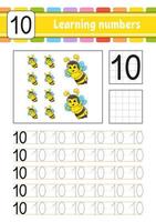 Trace and write numbers. Handwriting practice. Learning numbers for kids. Education developing worksheet. Activity page. Vector illustration.