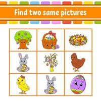 Find two same pictures. Task for kids. Education developing worksheet. Activity page. Color game for children. Easter theme. Funny character. Isolated vector illustration. cartoon style.