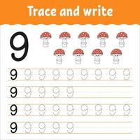 Learn Numbers. Trace and write. Handwriting practice. Learning numbers for kids. Education developing worksheet. Color activity page. Vector illustration.