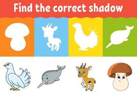 Find the correct shadow. Education worksheet. Matching game for kids. Color activity page. Puzzle for children. cartoon character. Isolated vector illustration.