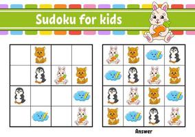 Sudoku for kids. Education developing worksheet. cartoon character. Color activity page. Puzzle game for children. Logical thinking training. Vector illustration.