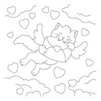 The cat caught a flying envelope with wings. Coloring book page for kids. Valentine's Day. Cartoon style character. Vector illustration isolated on white background.