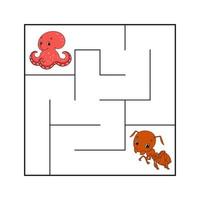 Simple square maze for toddlers. With cute cartoon characters. Isolated on white background. Vector illustration.