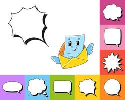 Speech bubble of different shape. With a cute cartoon character. Hand drawn. Thinking balloons. Isolated on white background. Vector illustration.