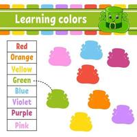 Learning colors. Education developing worksheet. Activity page with pictures. Game for children. Funny character. cartoon style. Vector illustration.