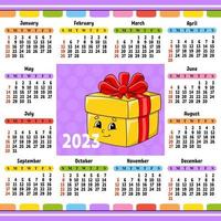 calendario para 2023 con un lindo personaje. diseño divertido y brillante. estilo de dibujos animados ilustración vectorial vector