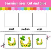 Learning sizes. Cut and glue. Easy level. Color activity worksheet. Game for children. Cartoon character. Vector illustration.