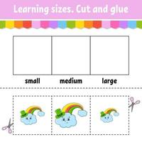 Learning sizes. Cut and glue. Easy level. Color activity worksheet. Game for children. Cartoon character. Vector illustration.