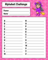 Alphabet challenge. Educational activity worksheet for kids and toddlers. Game for children. Vector illustration.