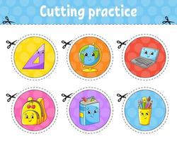 Cutting practice. Educational activity worksheet for kids and toddlers. Game for children. Back to school theme. Vector illustration.