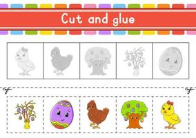 Cut and play. Paper game with glue. Flash cards. Education worksheet. Activity page. Scissors practice. Vector illustration.