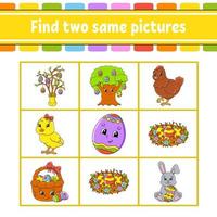 Find two same pictures. Task for kids. Education developing worksheet. Activity page. Color game for children. Easter theme. Funny character. Isolated vector illustration. cartoon style.
