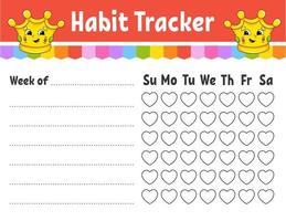 Habit tracker for kids. Sheet template for printing. With cute character. Vector illustration.