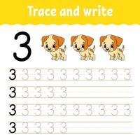 Learn Numbers. Trace and write. Handwriting practice. Learning numbers for kids. Education developing worksheet. Color activity page. Vector illustration.