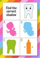 Find the correct shadow. Education developing worksheet for kids. Puzzle game. Activity page. cartoon character. Vector illustration.