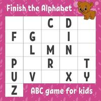 Finish the alphabet. ABC game for kids. Education developing worksheet. Learning game for kids. Color activity page. Vector illustration.