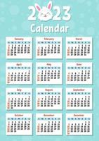 Color calendar for 2023 with a cute character rabbit. Week starts on Sunday. Fun and bright design. cartoon style. Vector illustration.