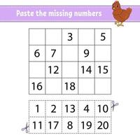 Paste the missing numbers 1-20. Game for children. Handwriting practice. Learning numbers for kids. Education developing worksheet. Activity page. Isolated vector illustration in cute cartoon style.