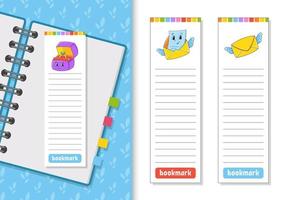 Set of paper bookmarks for books with cute cartoon characters. For kids. Isolated on white background. Vector illustration.