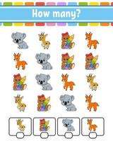 Counting game for children. Happy characters. Learning mathematics. How many object in the picture. Education worksheet. With space for answers. Vector illustration.