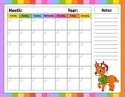 Blank calendar template for one month without dates. Colorful design with a cute character. Vector illustration.