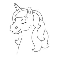Magic unicorn head. Fairy horse. Coloring page for kids. Digital stamp. Cartoon style character. Vector illustration isolated on white background.