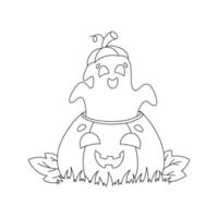 The ghost flies out of the pumpkin. Coloring book page for kids. Cartoon style character. Vector illustration isolated on white background. Halloween theme.