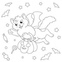 A cute cat carries a pumpkin with sweets in its paws. Halloween theme. Coloring book page for kids. Cartoon style character. Vector illustration isolated on white background.