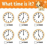 Learning time on the clock. Educational activity worksheet for kids and toddlers. Game for children. Simple flat isolated color vector illustration in cute cartoon style. Vector illustration.