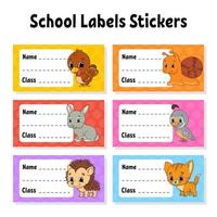 Bright stickers. Name and class. Back to school labels. Set stickers for notebook. Rectangular label. Color vector isolated illustration.