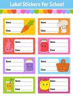 Name and class. Back to school labels. Set stickers for notebook. Bright stickers. Rectangular label. Color vector isolated illustration.