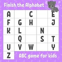 Finish the alphabet. ABC game for kids. Education developing worksheet. Learning game for kids. Color activity page. Vector illustration.