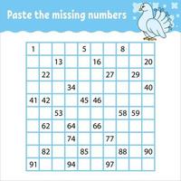 Paste the missing numbers from 1 to 100. Handwriting practice. Learning numbers for kids. Education developing worksheet. Activity page. Isolated vector illustration in cute cartoon style.