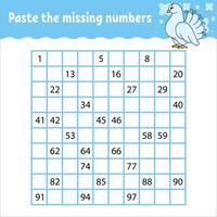 Paste the missing numbers from 1 to 100. Handwriting practice. Learning numbers for kids. Education developing worksheet. Activity page. Isolated vector illustration in cute cartoon style.