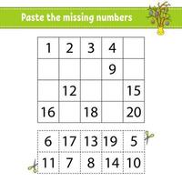 Paste the missing numbers 1-20. Game for children. Handwriting practice. Learning numbers for kids. Education developing worksheet. Activity page. Isolated vector illustration in cute cartoon style.