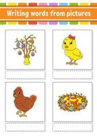 Writing words from pictures. Learn English words. Education developing worksheet. Color activity page. cartoon character. Vector illustration.