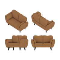 3d rendering of a simple brown sofa from various sides of the orthographic top view png