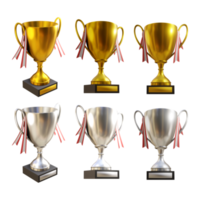 3d rendering of shiny clean gold and silver award trophy with ribbon from various perspective view png