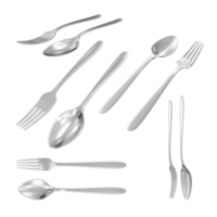 3d rendering of clean and shiny silver iron spoon and fork from various perspective view png