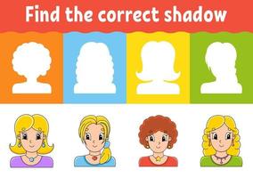 Find the correct shadow. Education worksheet. Matching game for kids. Color activity page. Puzzle for children. cartoon character. Vector illustration.