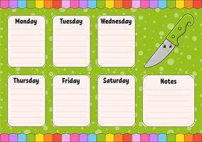 School schedule. Timetable for schoolboys. Empty template. Weekly planer with notes. Isolated color vector illustration. cartoon character.