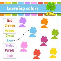 Learning colors. Education developing worksheet. Activity page with pictures. Game for children. Funny character. cartoon style. Vector illustration.